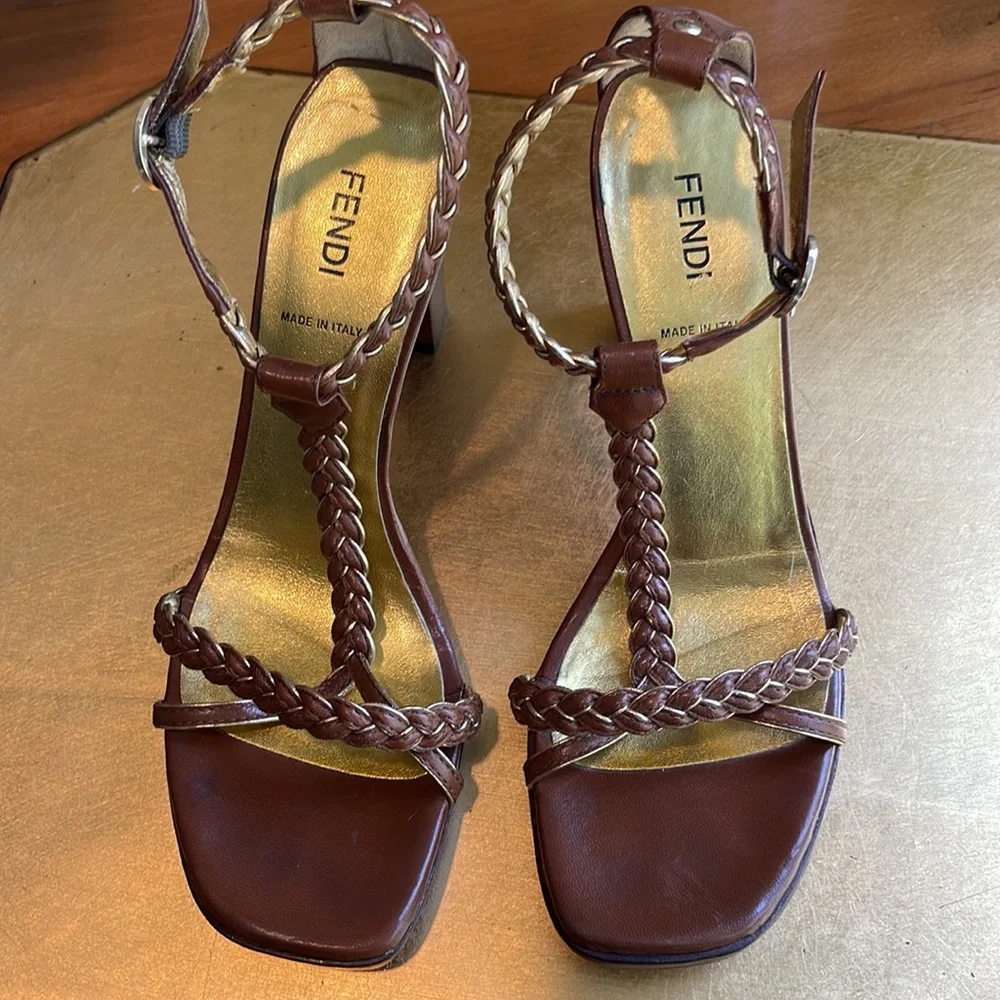Fendi Strappy Woven Leather Heeled Sandals in Brown and Metallic Gold Leather